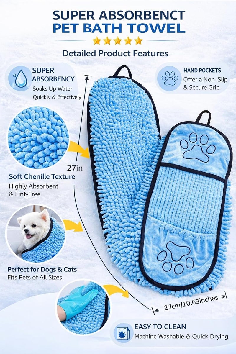 gemxtkg Super Absorbent Dog Bath Towel & Grooming Glove Set – Soft Chenille Dog Drying Towel for Small Dogs & Puppies, Quick Dry, Machine Washable, Non-Toxic, Blue - Image 2